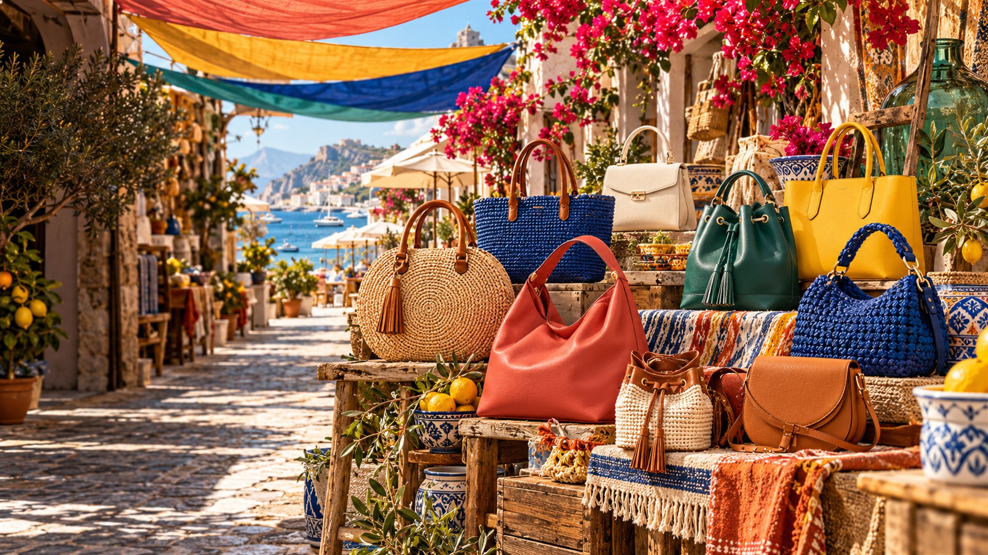 Selección colorida de bolsos de Elji Boutique en un ambiente mediterráneo